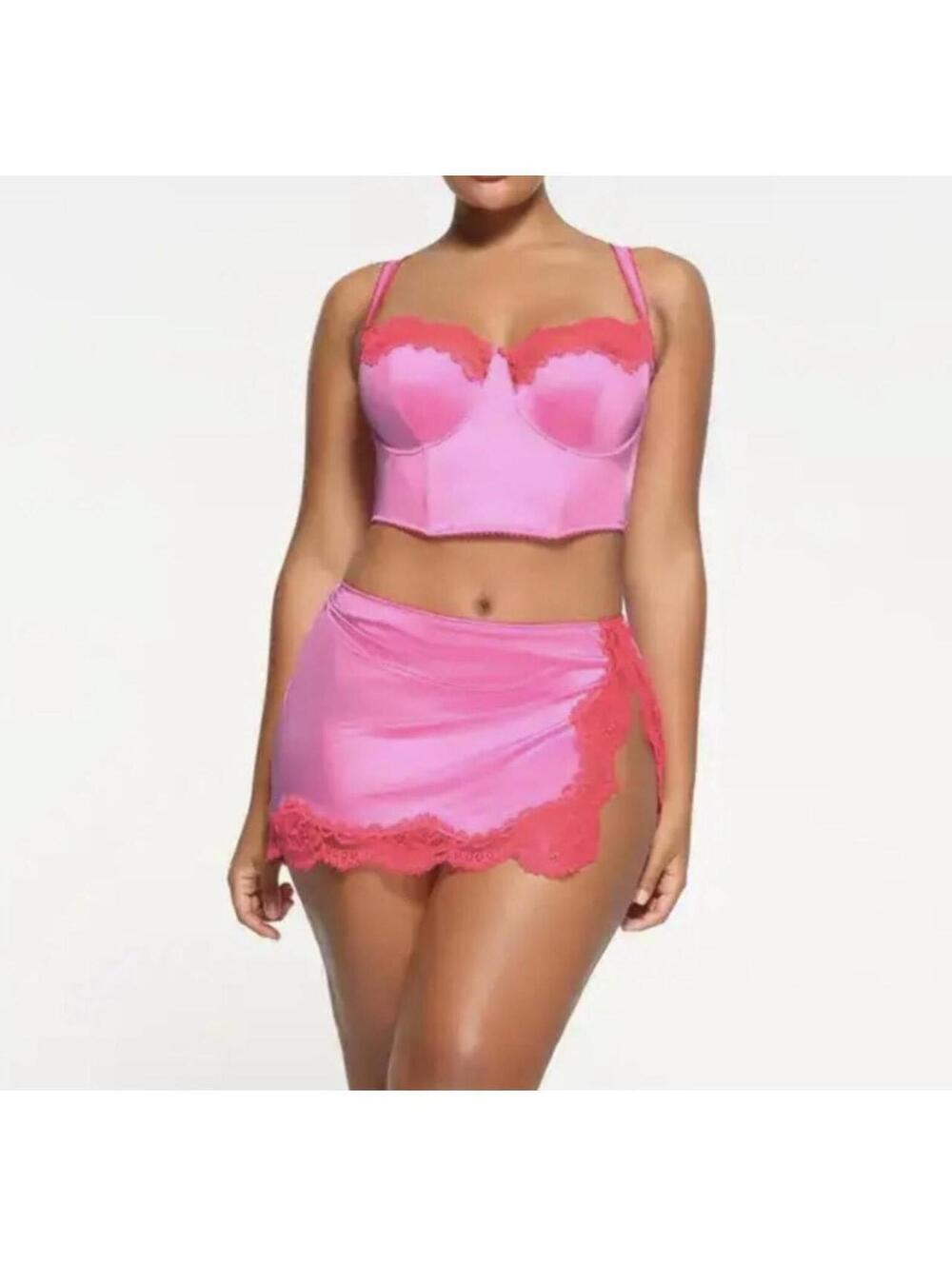 SKIMS Satin Lace Balconette Corset Neon Orchid Multi XS Cropped Bustier NWOT